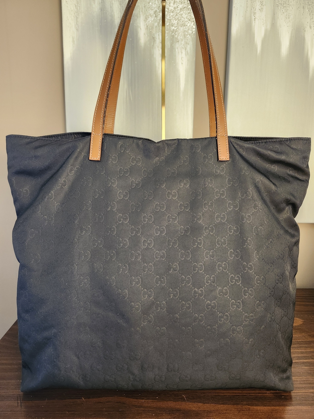 Gucci Guccissima GG Monogram Canvas Tote in Black With Brown Leather Handles - Picture 2 of 16